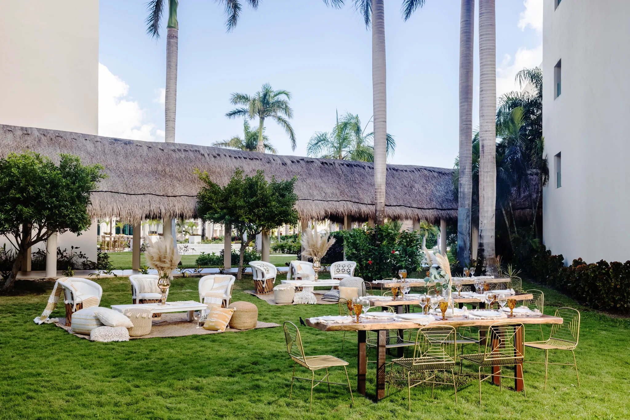 Avocado Garden lounge seating setup for weddings at Dreams Puerto Morelos Resort & Spa