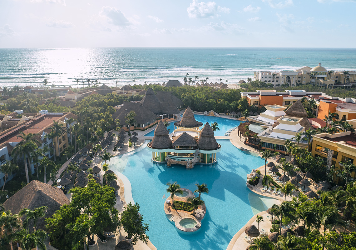 Iberostar Selection Paraiso Maya all-inclusive resort with sprawling pools, Mayan-inspired architecture, and beachfront setting in Riviera Maya.