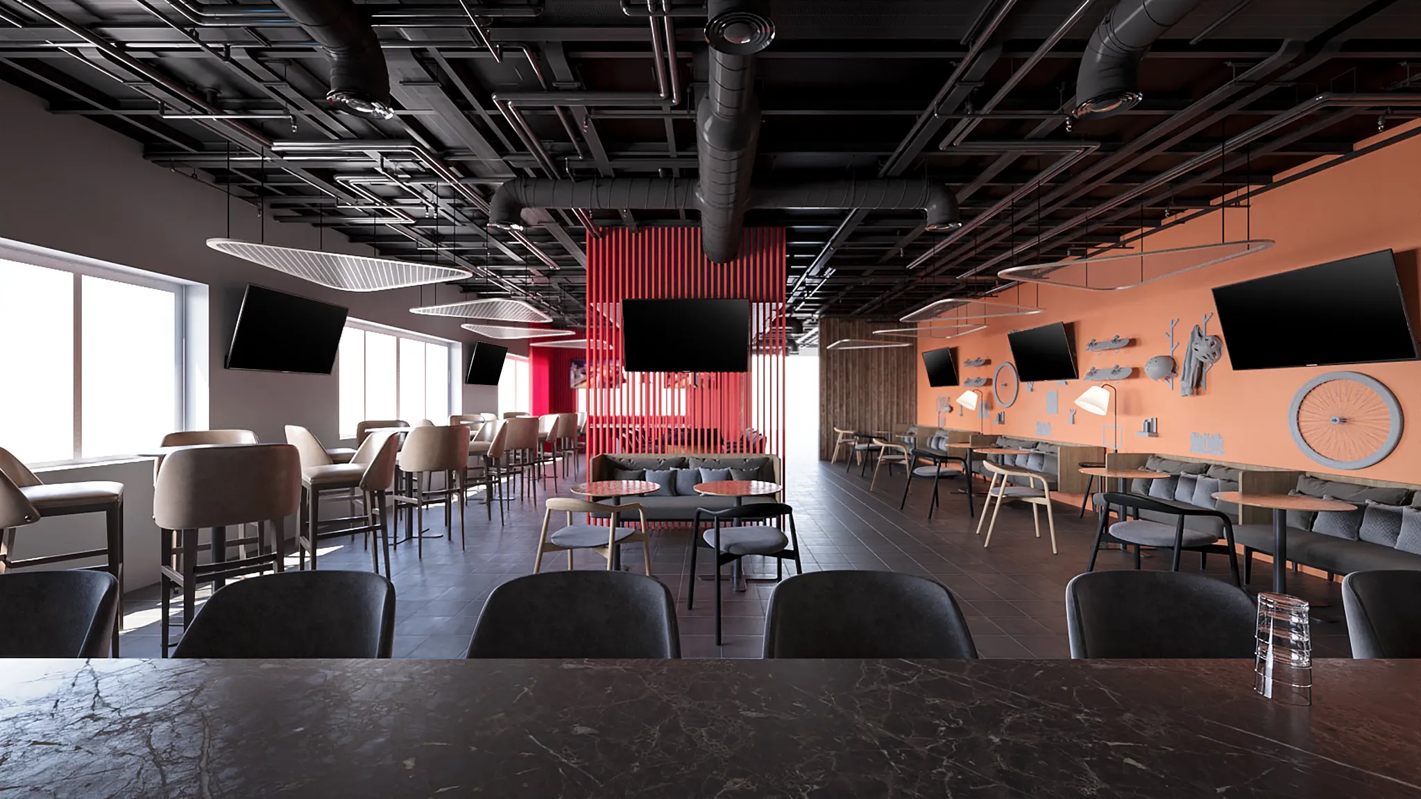 Off Court sports bar at Dreams Puerto Morelos Resort & Spa featuring modern lounge seating, multiple TVs, and a vibrant indoor entertainment space.